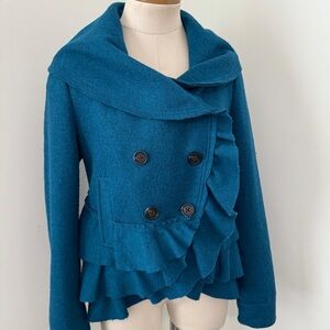 Elevenses 8 Wool Blend Teal Pea Coat Double Breasted Ruffled Classic Timeless